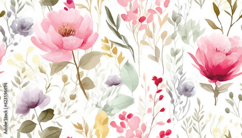 Vector seamless pattern with flower and plants in watercolor style perfect for wrappers, wallpapers, postcards, greeting cards, wedding invitations, romantic events