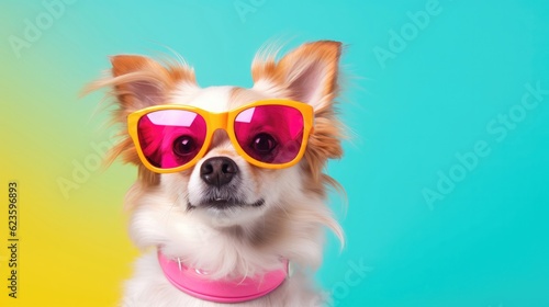 Stylish dog wearing sunglasses looking for something. Generative AI