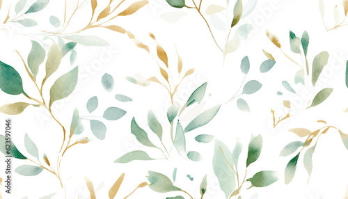 Seamless watercolor floral pattern green gold leaves, branches composition on white background, perfect for wrappers, wallpapers, postcards, greeting cards, wedding invitations, romantic events