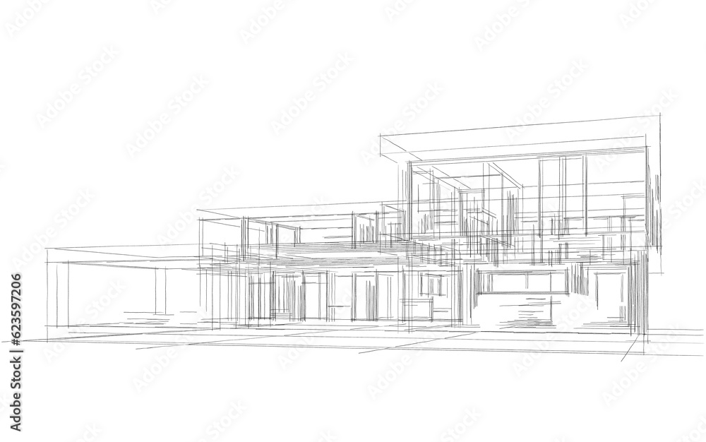 Modern house building sketch 3d illustration Modern house building sketch 3d illustration