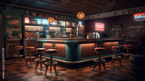 Retro diner interior with a tile floor, neon illumination, jukebox and art deco style bar stools © Witri