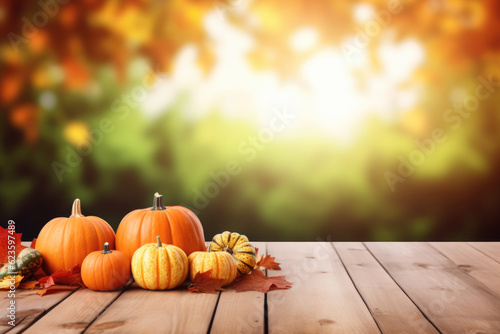 Festive autumn decor from pumpkins  corns and fall leaves. Concept of Thanksgiving day or Halloween  