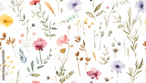 Watercolor floral seamless pattern with scattered wildflowers, leaves and plants. Summer illustration in vintage style on white background