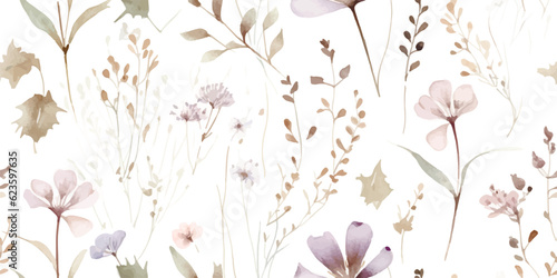 Watercolor seamless pattern with ethereal wildflowers, leaves. Wild plants, flowers, branches. Nature floral background