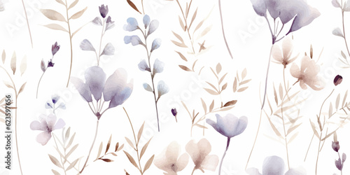 Watercolor seamless pattern with ethereal wildflowers, leaves. Wild plants, flowers, branches. Nature floral background