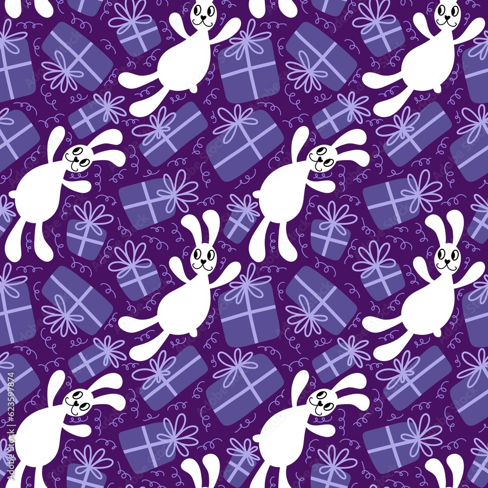 Cartoon animals rabbit seamless bunnies with birthday gift box pattern for wrapping paper and fabrics