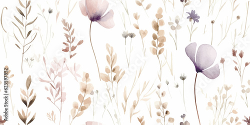 Watercolor seamless pattern with ethereal wildflowers, leaves. Wild plants, flowers, branches. Nature floral background
