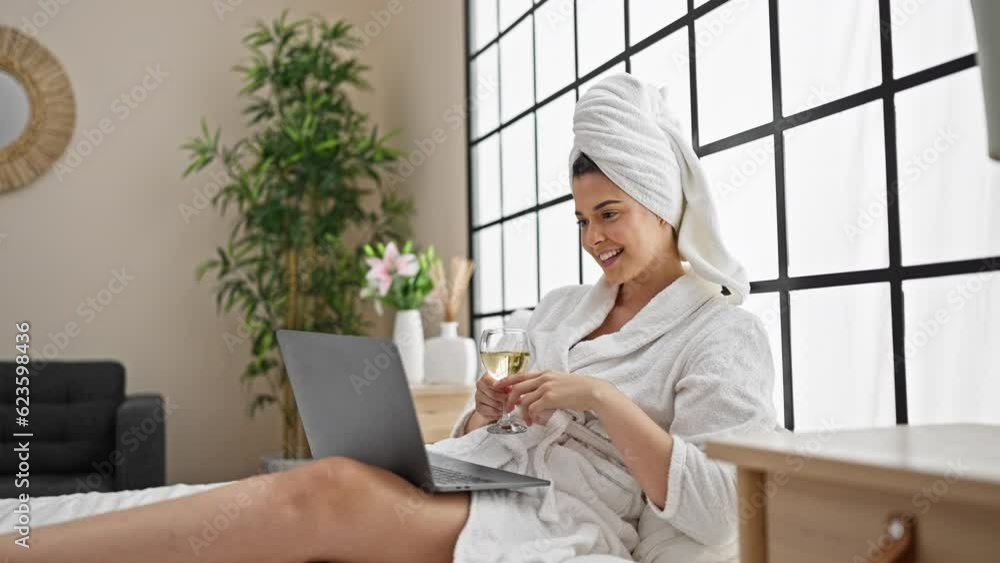 Young beautiful hispanic woman wearing bathrobe drinking champagne having video call at bedroom Young beautiful hispanic woman wearing bathrobe drinking champagne having video call at bedroom