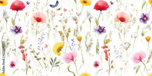 Wild flowers watercolor seamless pattern botanical hand drawn illustration