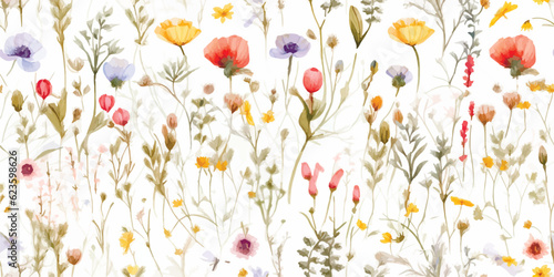 Wild flowers watercolor seamless pattern botanical hand drawn illustration