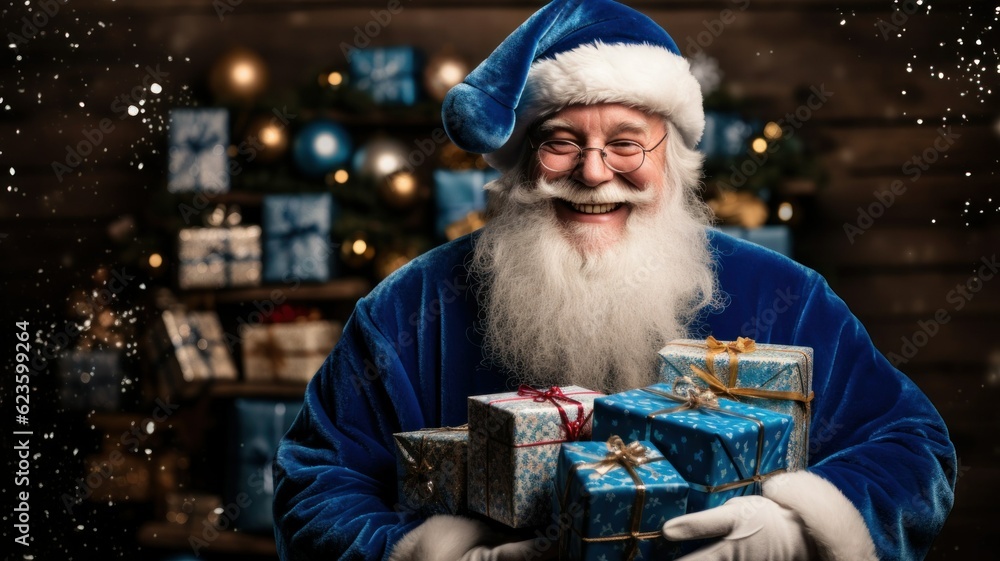 © Tuyres - Blue Santa Claus holding gifts and smiling. Generative AI illustration for Christmas. © Tuyres - Blue Santa Claus holding gifts and smiling. Generative AI illustration for Christmas.