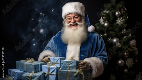 Blue Santa Claus holding gifts and smiling. Generative AI illustration for Christmas. photo