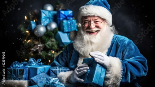Blue Santa Claus holding gifts and smiling. Generative AI illustration for Christmas.