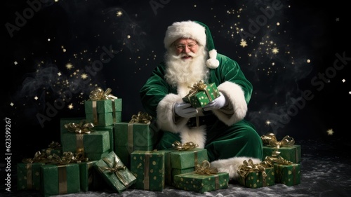 Green Santa Claus smiling surrounded by presents. Generative AI illustration for Christmas celebration.