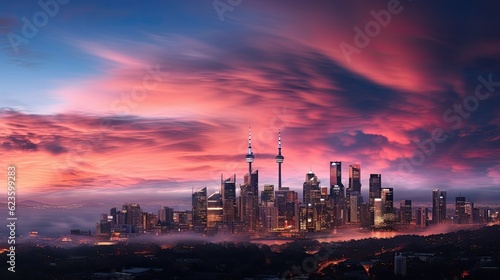 A bright cityscape under the cloud-kissed sky at dusk