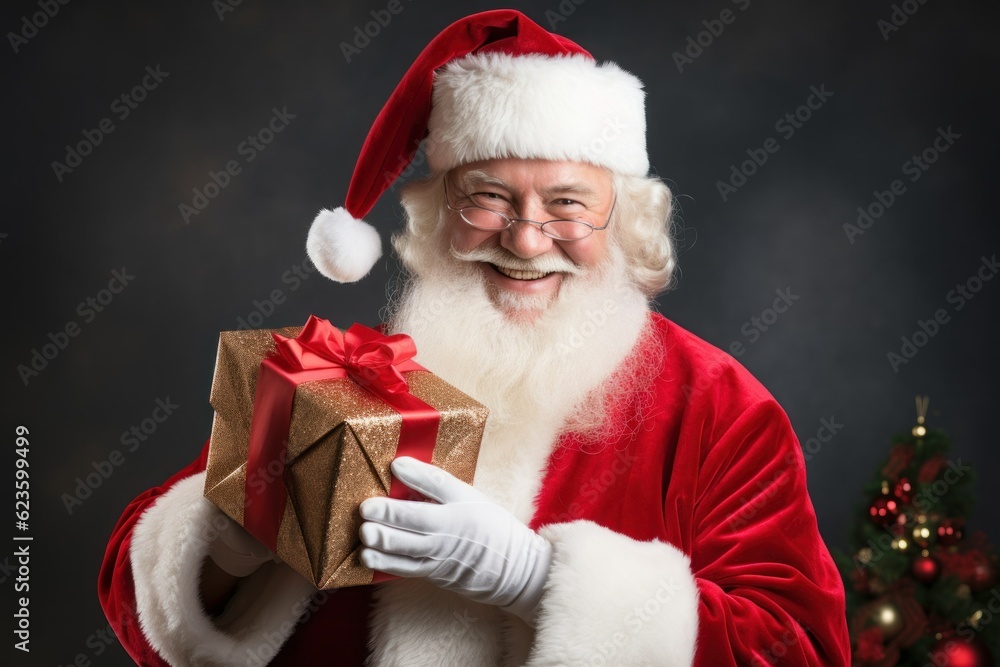 Santa Claus holding presents for Christmas. Isolated on dark background. Generative AI illustration. Santa Claus holding presents for Christmas. Isolated on dark background. Generative AI illustration.