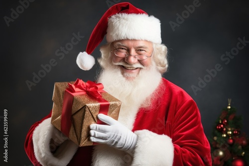 Santa Claus holding presents for Christmas. Isolated on dark background. Generative AI illustration. © Tuyres