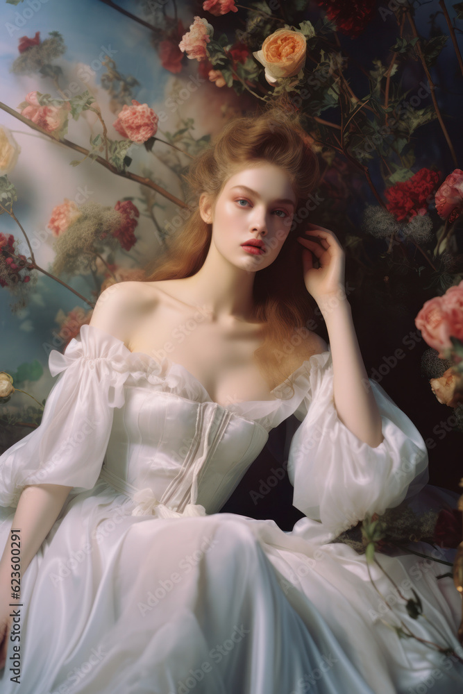 Fototapeta premium portrait of a woman/model/book character surrounded by flowers in warm daylight with a thoughtful expression in a fashion/beauty editorial magazine style film photography look - generative ai art