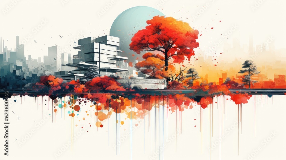 Bright digital art depicting a blend of architecture