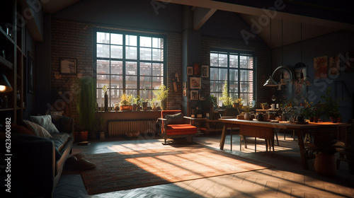 Large spacious loft room in dark colors in the rays of sunlight with big window. inside of a house