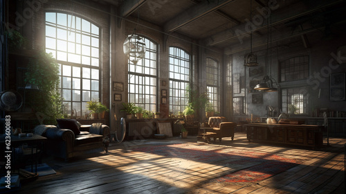 Large spacious loft room in dark colors in the rays of sunlight with big window. inside of a house © Witri