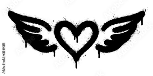 Spray Painted Graffiti heart wings icon Sprayed isolated with a white background. graffiti love wings  symbol with over spray in black over white.