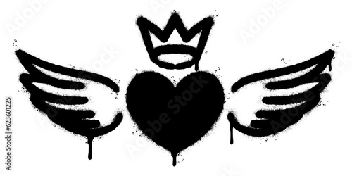 Spray Painted Graffiti heart wings icon Sprayed isolated with a white background. graffiti love wings  symbol with over spray in black over white.