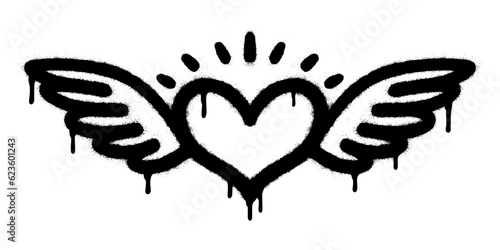 Spray Painted Graffiti heart wings icon Sprayed isolated with a white background. graffiti love wings  symbol with over spray in black over white.