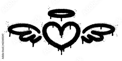 Spray Painted Graffiti heart wings icon Sprayed isolated with a white background. graffiti love wings  symbol with over spray in black over white.