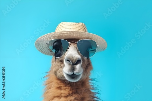 Cute lama with hat and sunglasses ready for travel.