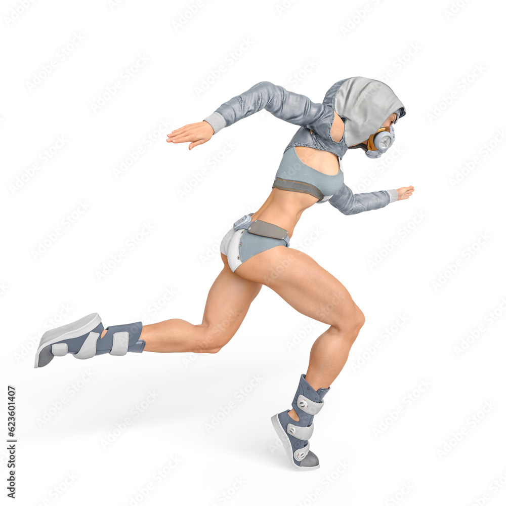 muscular woman in a cyberpunk suit running in action side view