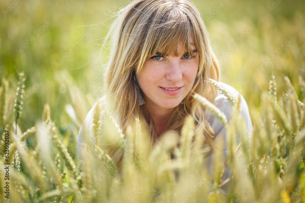 beautiful girl in a linen dress in a wheat field beautiful girl in a linen dress in a wheat field