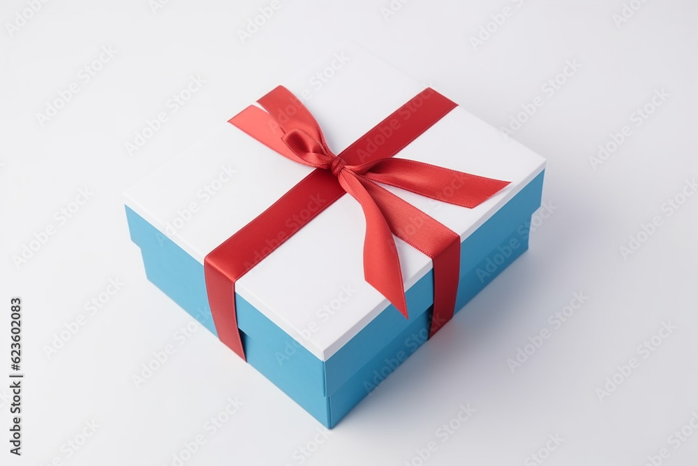 Obraz premium White and blue giftbox with red ribbon, white background. Generative AI