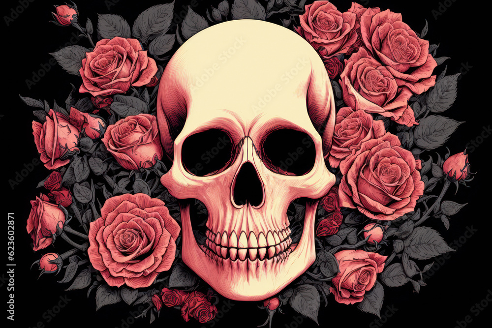 Skull with roses. Old school style. Generative AI Skull with roses. Old school style. Generative AI