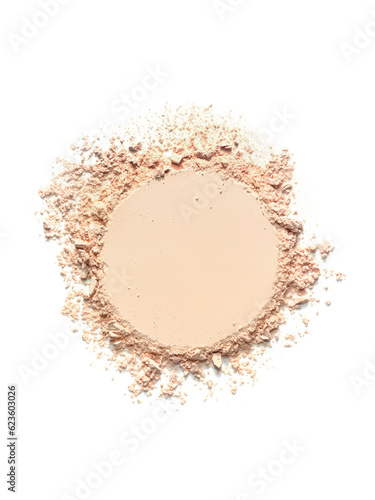 Translucent compact powder texture with loose edges isolated on white background. Cosmetic product swatch photo