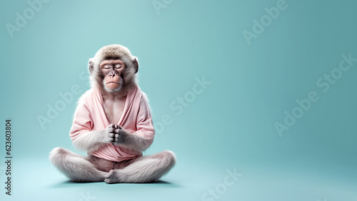 Calm looking monkey wearing simple clothes, sitting on ground in lotus like position. Zen meditation concept, Wide banner with space for text at side. Generative AI photo