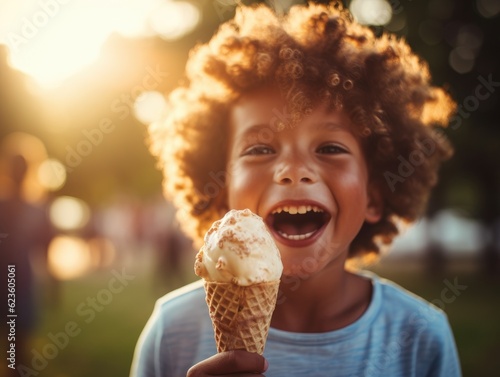 A little boy is eating an ice cream cone. Generative AI.