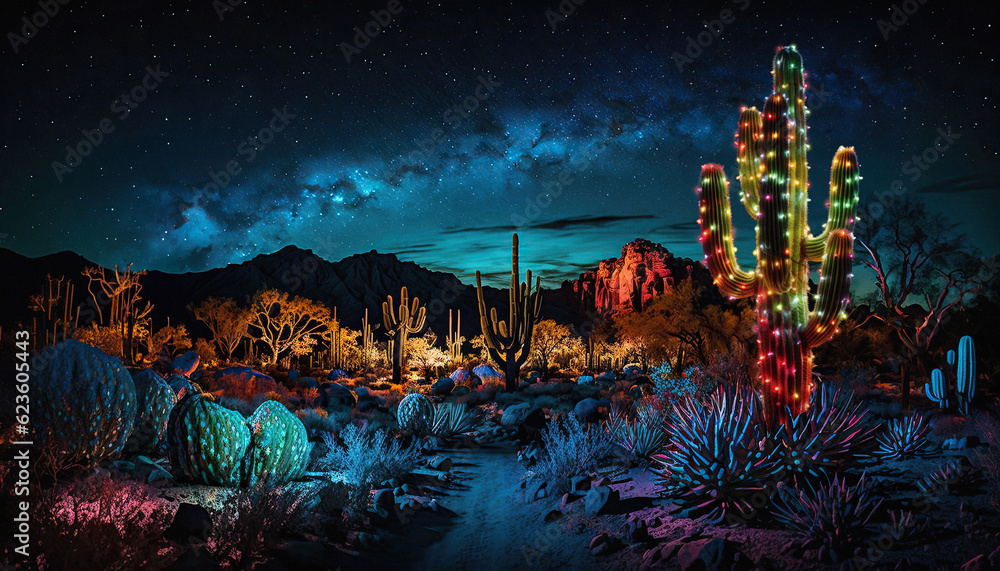 Saguaro cactus with Christmas lights in a colorful desert at night - obrazy, fototapety, plakaty 