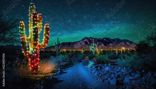 Saguaro cactus with Christmas lights in the desert at night and mountains in the background