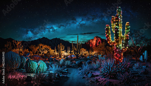 Saguaro cactus with Christmas lights in a colorful desert at night photo