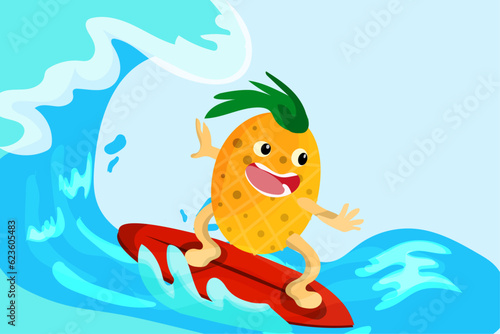 cartoon pineapple character surfing on a red color surfboard in a flat design, vector illustration.