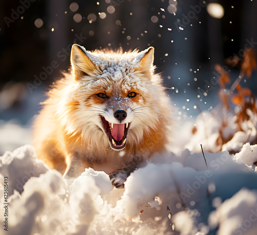 Fox running in the snow in wild winter nature - AI generated
 photo