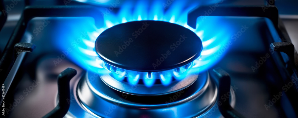Blue kitchen gas stove flame in kitchen, black cast iron frame near, closeup detail. Generative AI Blue kitchen gas stove flame in kitchen, black cast iron frame near, closeup detail. Generative AI