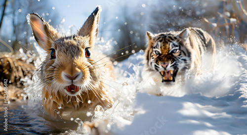 Tiger running in the snow and hunts rabbit, The rabbit runs from the tiger - AI generated 
 photo