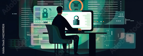 Cybersecurity employee on a work computer photo