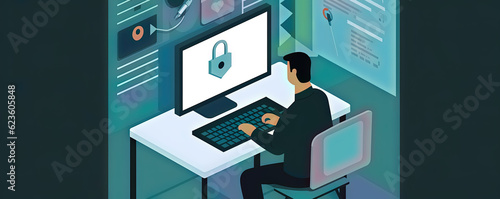 Cybersecurity employee on a work computer photo