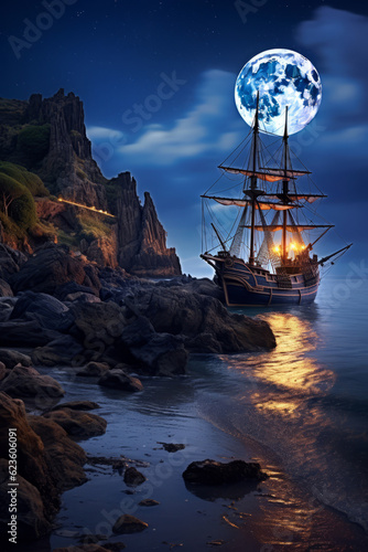 Black pirate ship at night