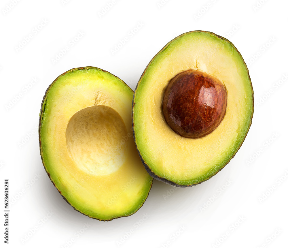 Two halves of a cut avocado. View from above