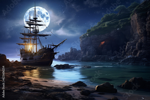 Black pirate ship at night