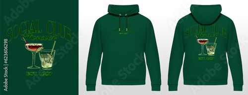 logo slogan summer graphic, retro with cocktails, text social club. forever, social club SS23 tennis crest sport, green hoodie fashion